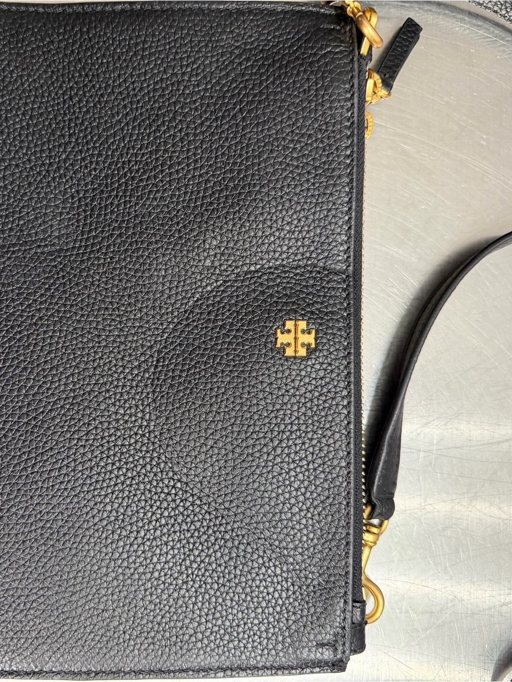 Tory Burch Black Pebbled Leather Crossbody with Gold Logo Hardware